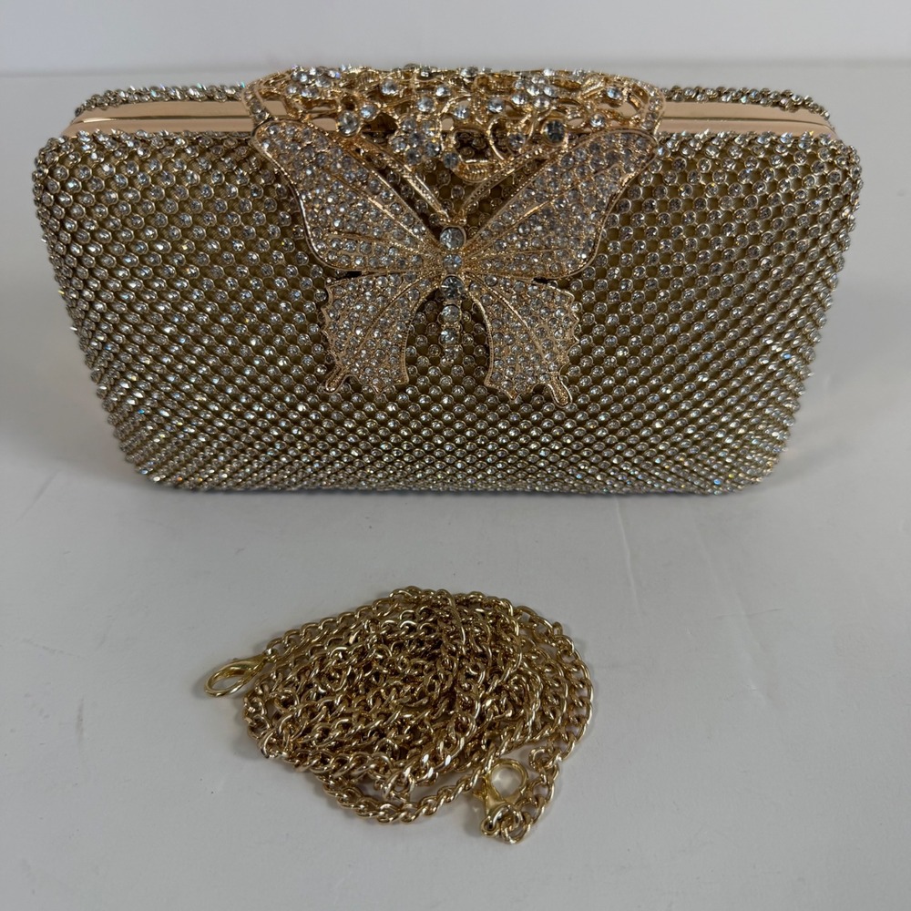Gold Rhinestone Clutch Butterfly Evening Bag Sparkly Formal Wedding Prom Glam